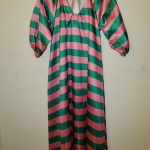Pink and Green High Gloss Striped Long Dress